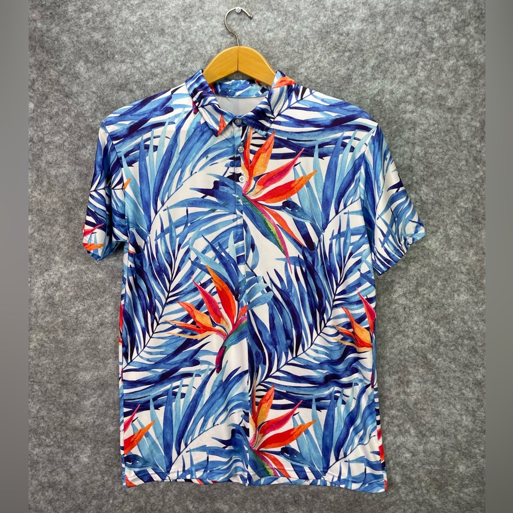 Handsome Bogey Shirt Mens Medium Blue Tropical Floral Golf Polo Celebration Club